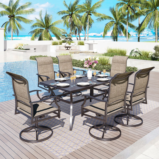 Captiva Designs 7pc Outdoor Slat-top Rectangle Steel Dining Table & Grayish Brown Padded Sling Chairs