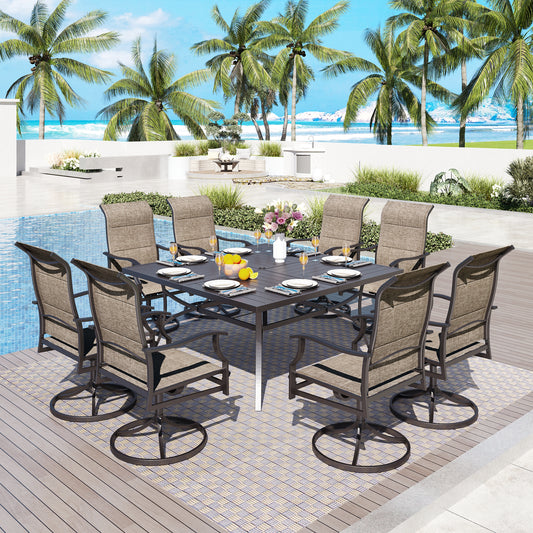 Captiva Designs 9pc Patio Slat-top Metal Dining Table & Grayish Brown Padded Textilene Swivel Chairs