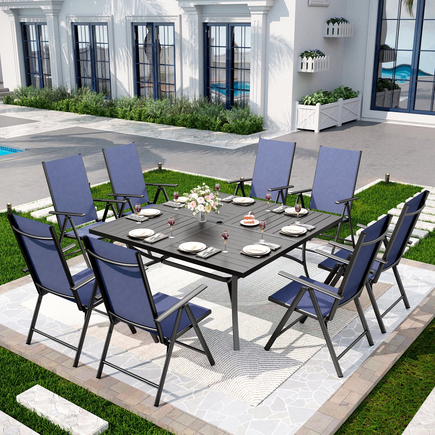 Captiva Designs 9pc Spacious Slat-top Square Metal Table with Umbrella Hole & Reclining Foldable Sling Chairs