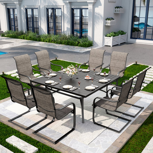 Captiva Designs 9 件套宽敞方形金属板顶桌，带伞孔和 C 型弹簧软垫吊带椅