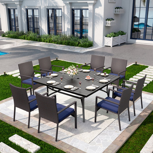 Captiva Designs 9pc Patio Spacious Slat-top Square Metal Table & Armrest Rattan Chairs with Cushions