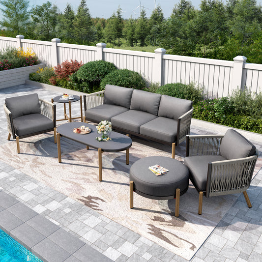 Captiva Designs 6pc Modern Outdoor Patio Woven Rope Sofa Conversation Set with Ottoman