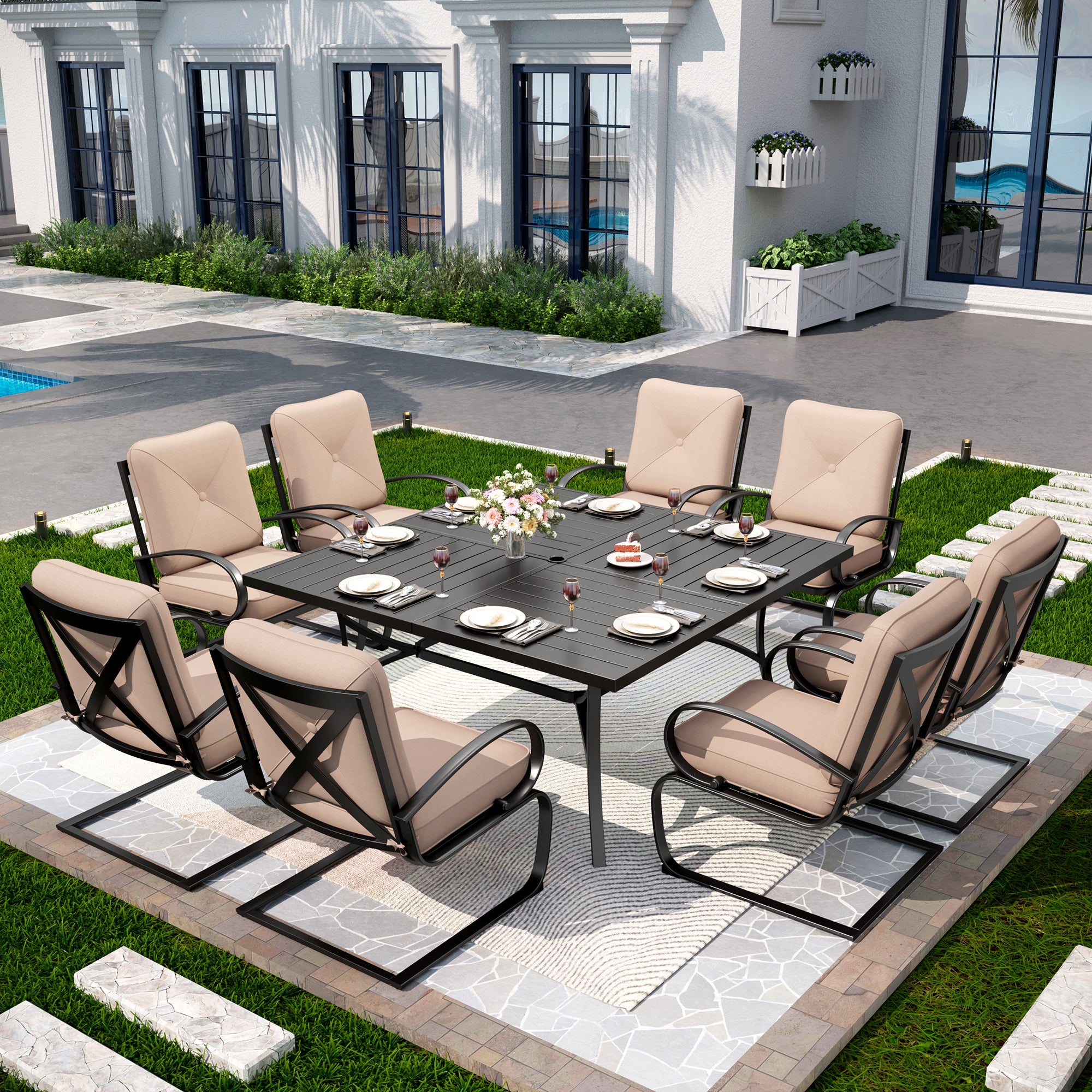 Nectar Table Captiva Designs 9pc Spacious Slat-top Square Metal Table with Umbrella ...