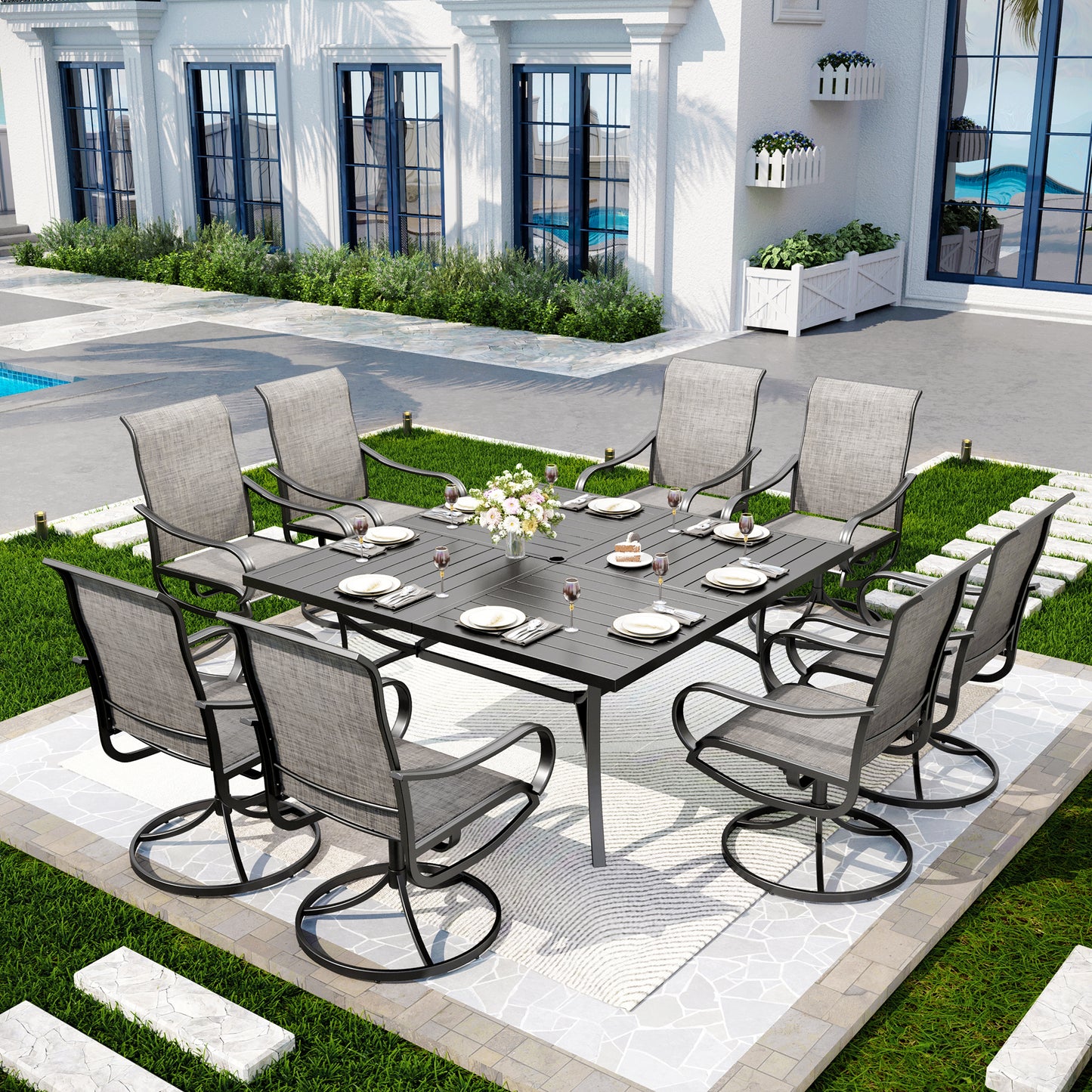 Captiva Designs 9 件套宽敞方形金属板顶桌，带伞孔和 Textilene 旋转椅