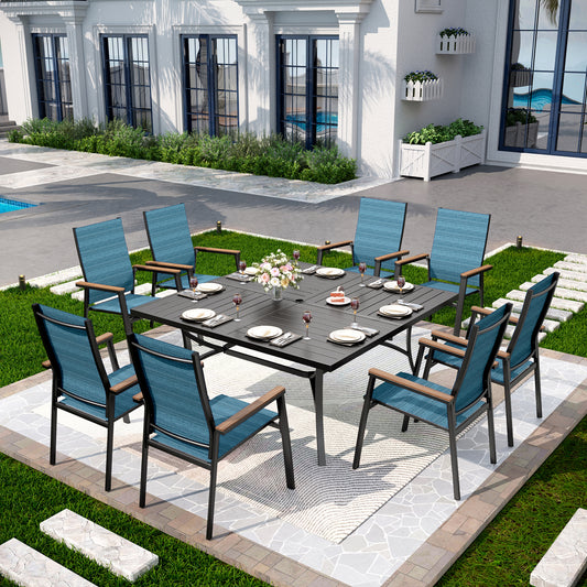 Captiva Designs 9pc Patio Slat-top Square Metal Dining Table & Stackable Textilene Aluminum Chairs