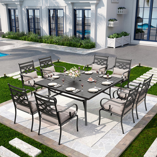 Captiva Designs 9pc Spacious Slat-top Square Metal Table with Umbrella Hole & Fixed Metal Chairs with Cushions