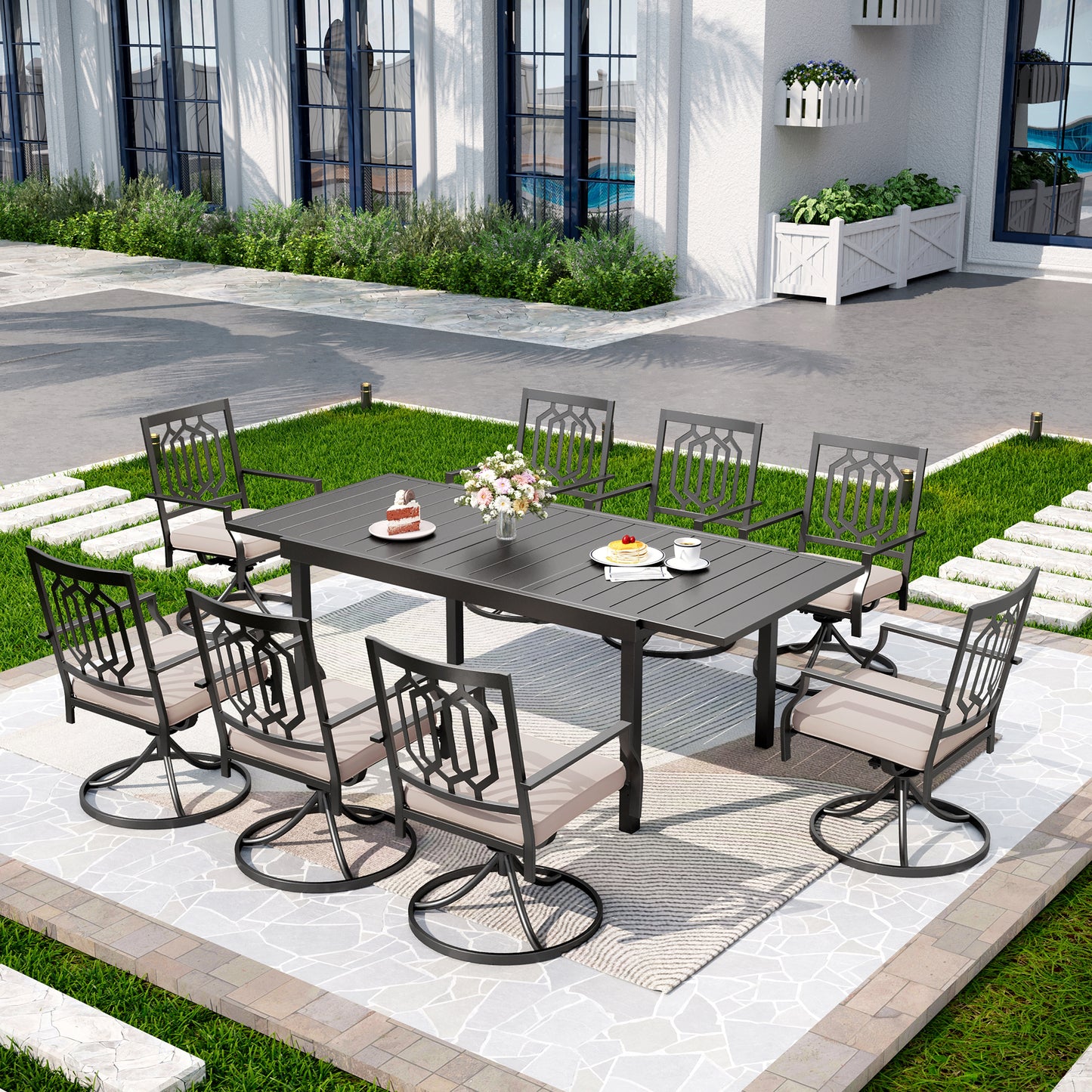 Captiva Designs 9pc Patio Slat-top Adjustable Steel Rectangle Dining Table & Black Metal Chairs