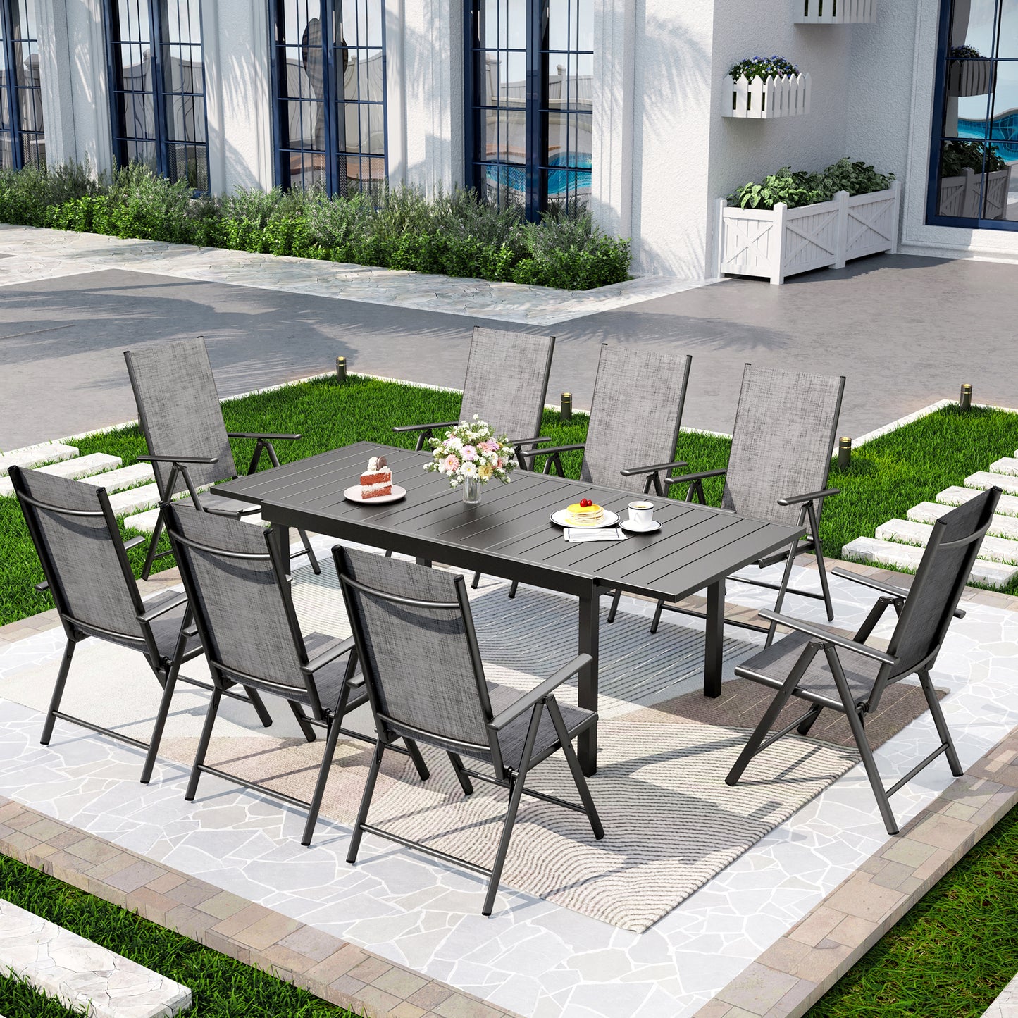 Captiva Designs 9pc Patio Dining Set with Slat-top Adjustable Steel Rectangle Table & Sling Foldable Chair