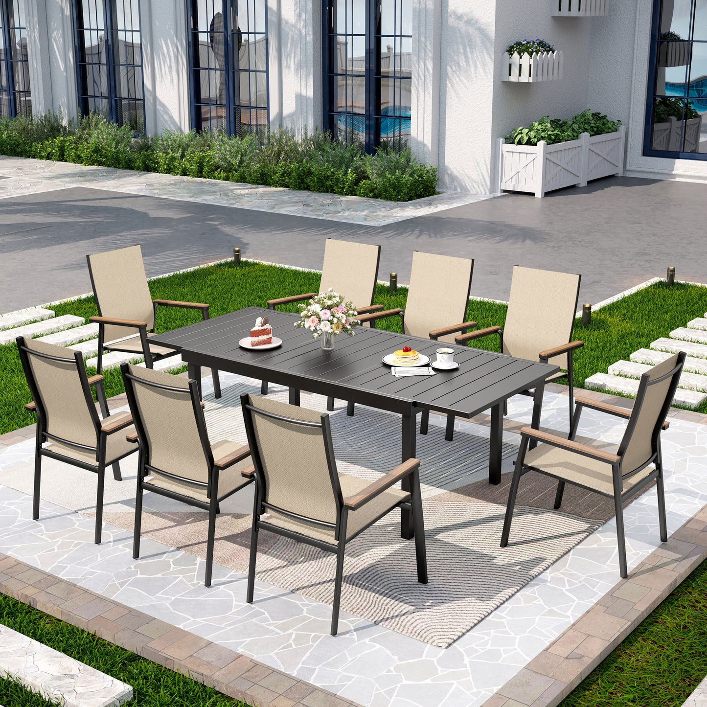 Captiva Designs 9pc Patio Dining Set with Slat-top Steel Rectangle Table  & Textilene Aluminum Chairs
