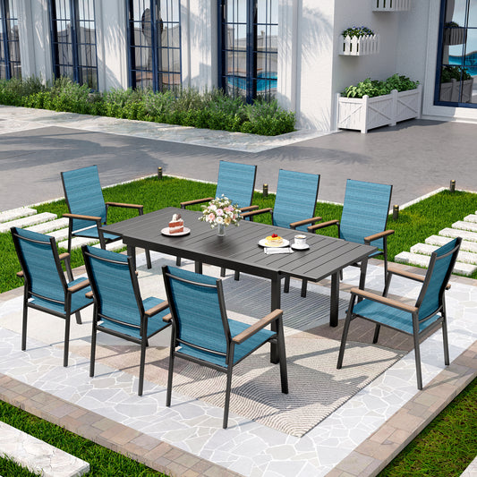 Captiva Designs 9pc Patio Dining Set with Slat-top Steel Rectangle Table  & Textilene Aluminum Chairs