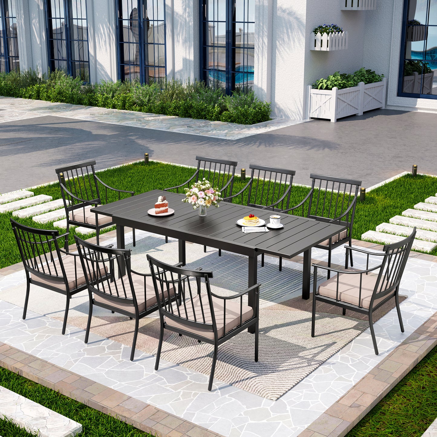 Captiva Designs 9pc Patio Dining Set with Slat-top Adjustable Steel Rectangle Table & Stylish Metal Arm Chairs