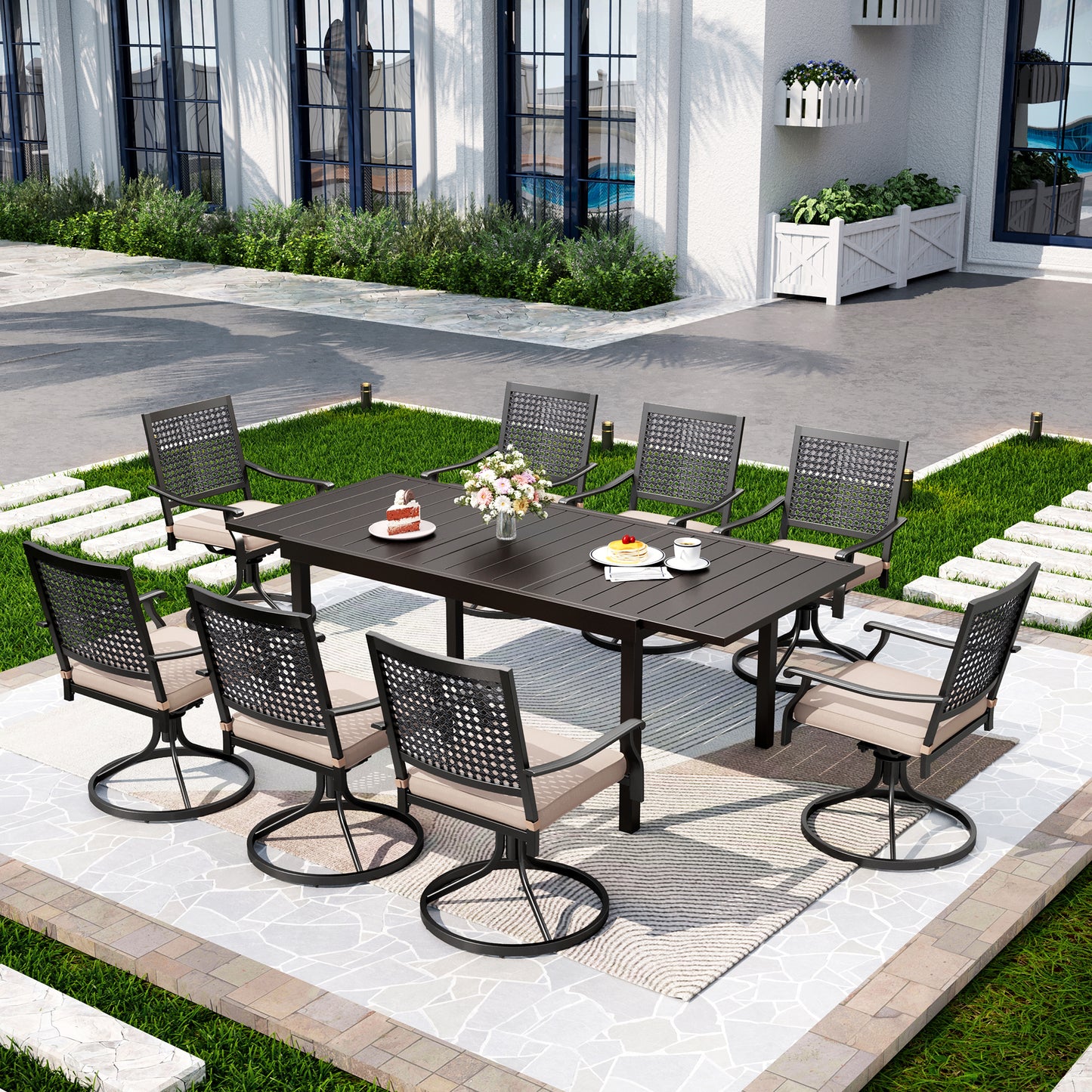 Captiva Designs 9pc Patio Adjustable Steel Rectangle Dining Table & Metal Chairs with Bull's Eye Pattern