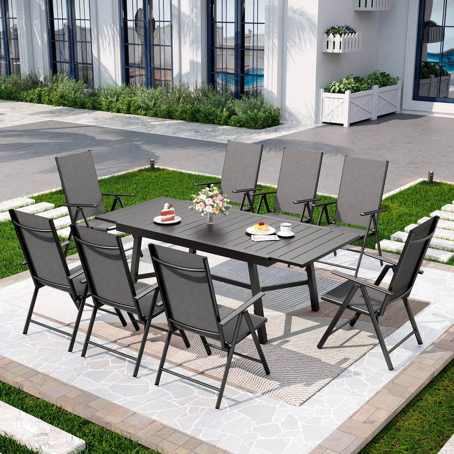 Captiva Designs 9pc Patio Adjustable Steel Rectangle Dining Table & Textilene Reclining Foldable Chairs
