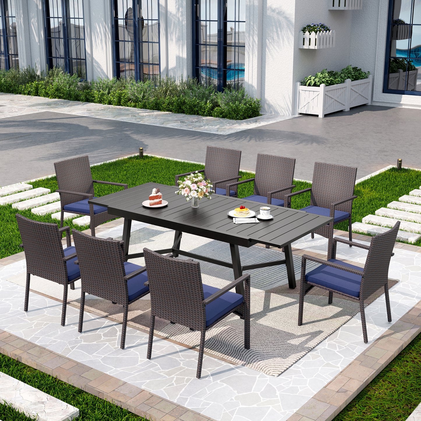 Captiva Designs 9pc Patio Rectangle Expandable Metal Dining Table & Rattan Chairs with Removable Cushions