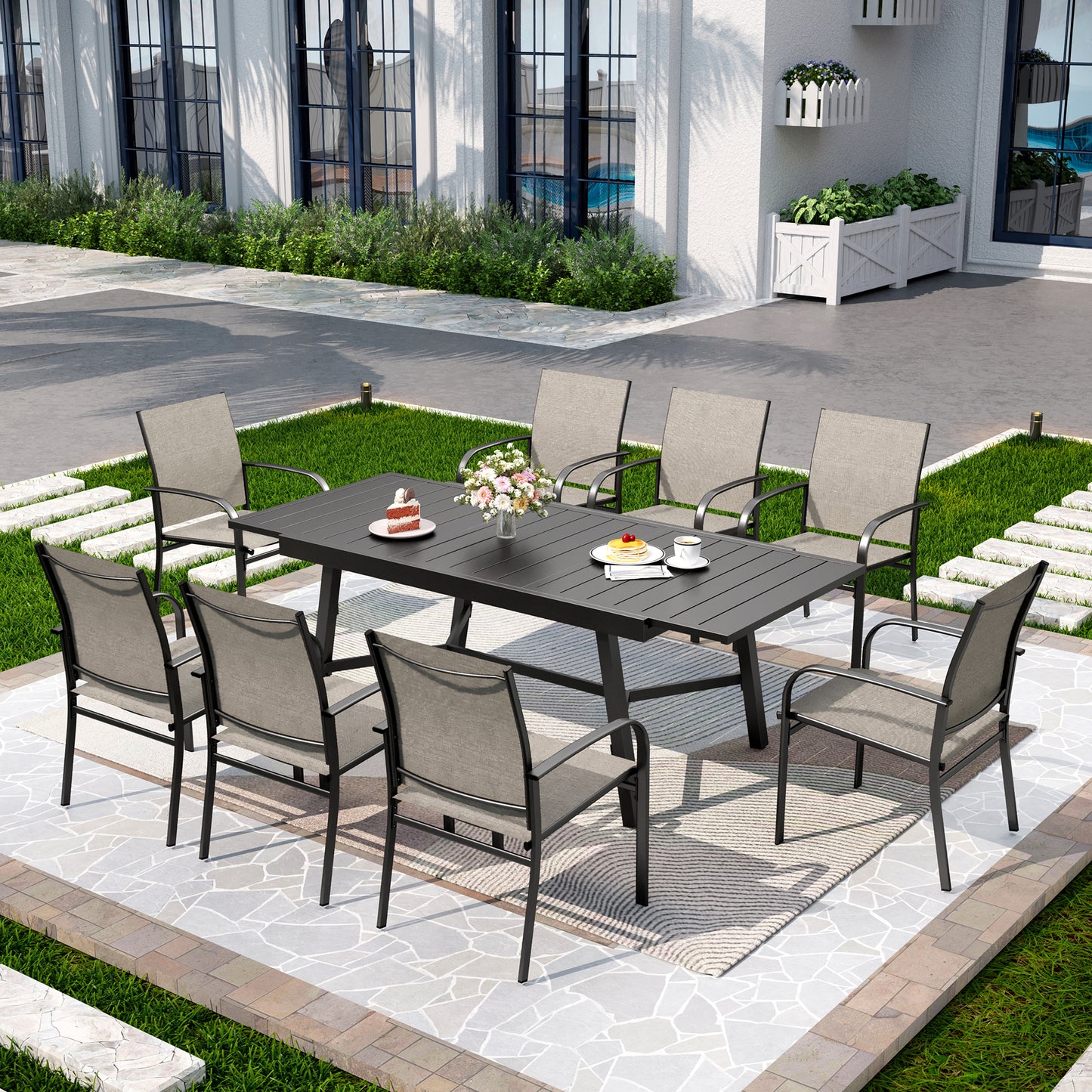 Captiva Designs 9pc Outdoor Patio Slat-top Rectangle Metal Dining Table & Breathable Textilene Chairs