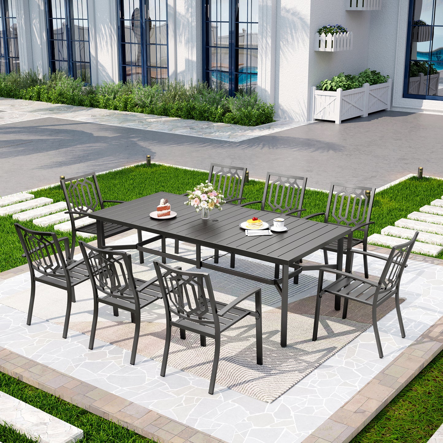 Captiva Designs 9pc Spacious Slat-top Rectangle Metal Table & Steel Stackable Chairs