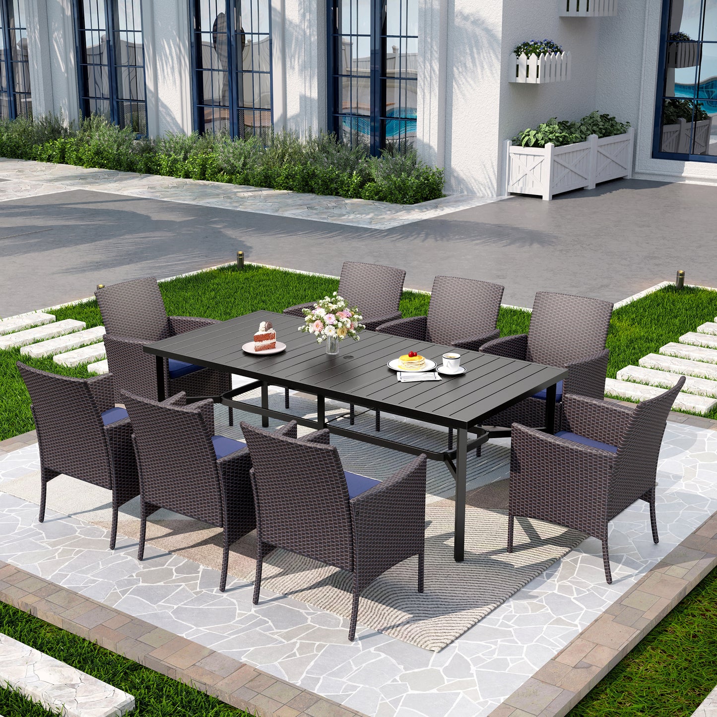 Captiva Designs 9pc Spacious Slat-top Rectangle Metal Table with Umbrella Hole & Armrest Rattan Chairs