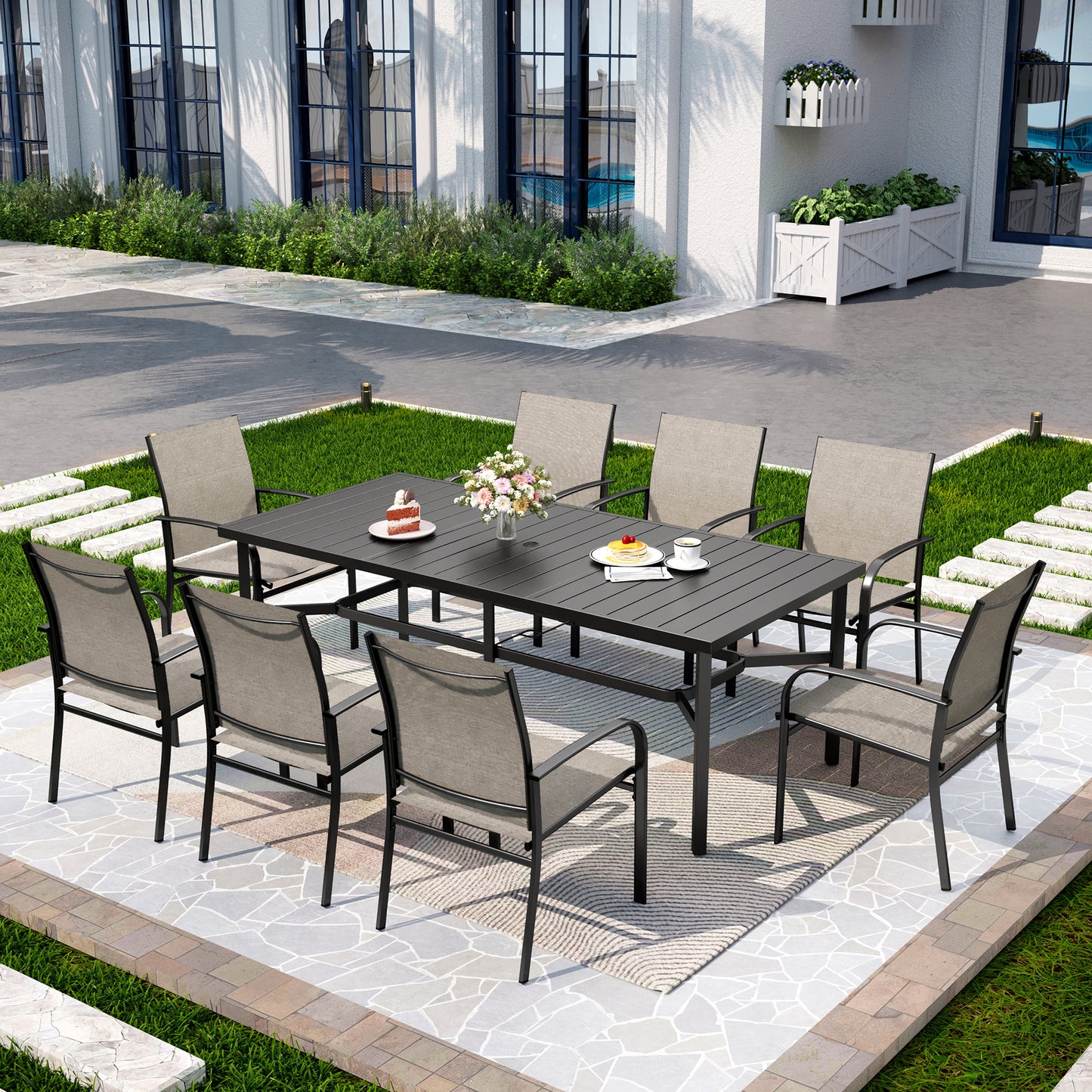 Captiva Designs 9pc Outdoor Patio Slat-top Rectangle Metal Dining Table & Breathable Textilene Chairs