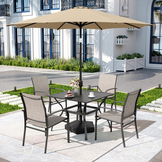 Captiva Designs 6pc Patio Dining Set Steel Table & Light Brown Sling Chairs & Beige Umbrella