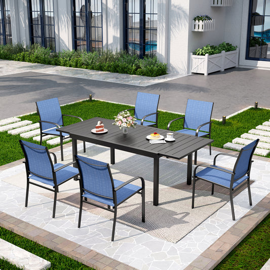 Captiva Designs 7pc Patio Set with Expandable Black Rectangle Steel Dining Table & Sling Fixed Dining Chairs