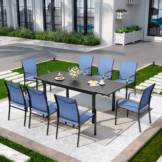 Captiva Designs 9pc Patio Dining Set with Black Expandable Steel Rectangle Table & Sling Fixed Chairs