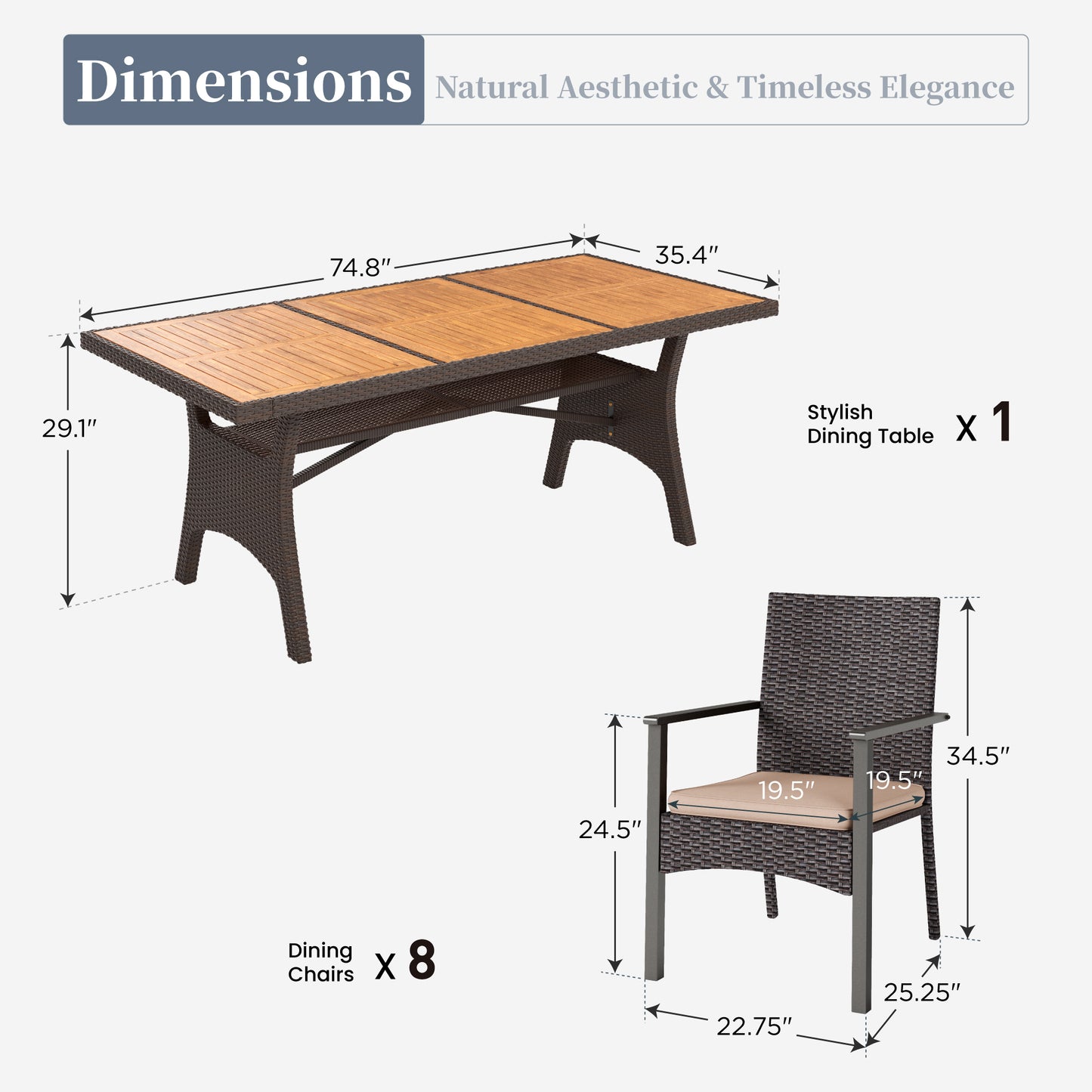 Captiva Designs 9pc Outdoor Patio Furniture Set with Rectangle Table and Armrest Chairs