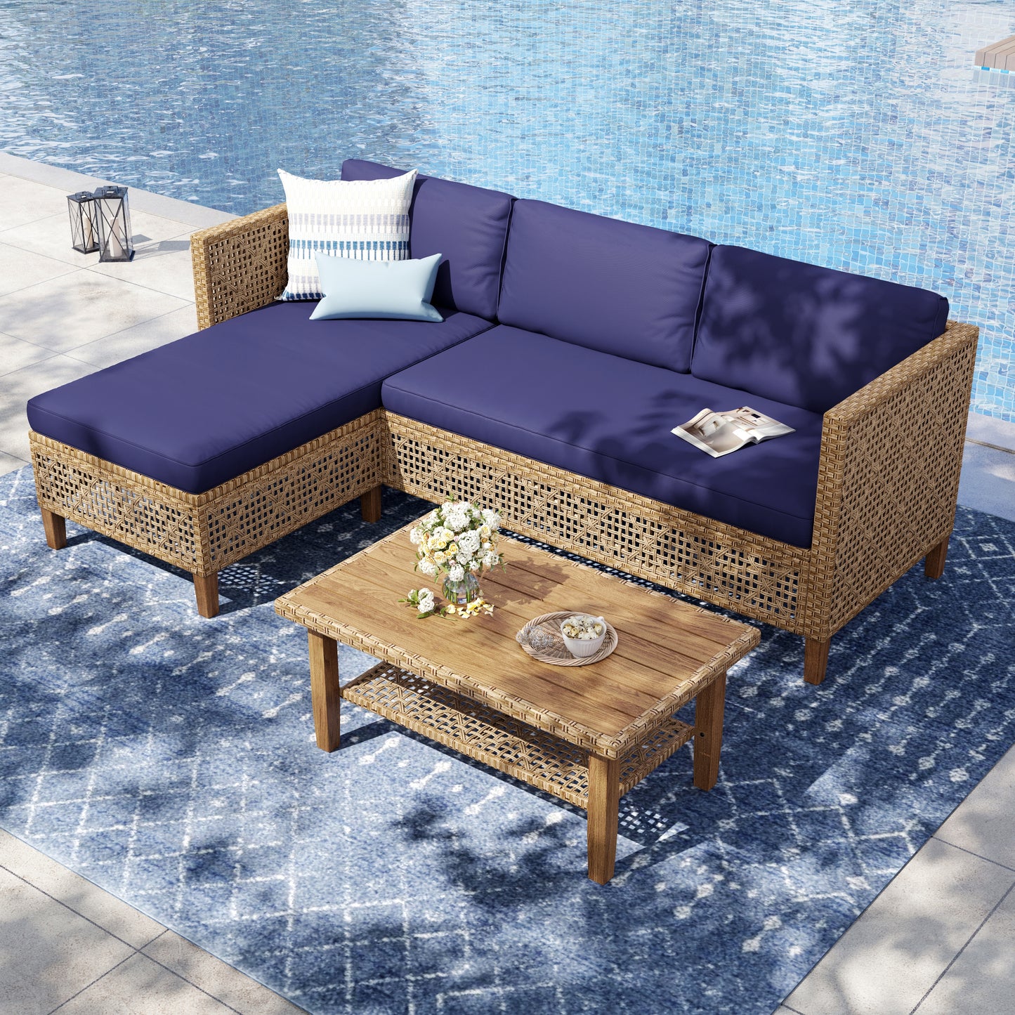 Captiva Designs 3pc Outdoor Patio Bohemian Wicker Conversation Set with Coffee Table