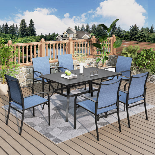 MIXPATIO Outdoor Table and Chairs, Patio Dining Sets for 6 with Blue Chairs and Metal Rectangular Table for Deck Backyard Lawn Poolside