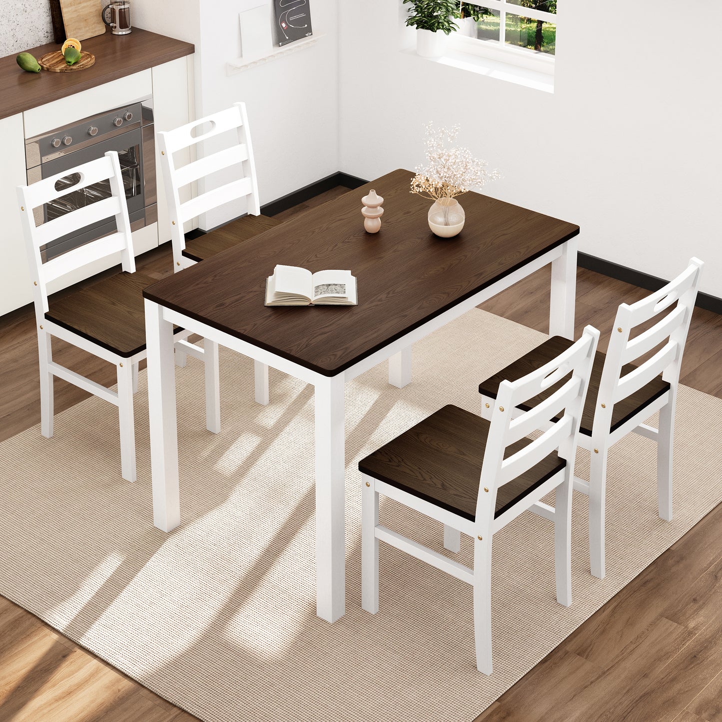 Captiva Designs 5 Pieces Dining Set with Solid Premium Rubberwood Rectangular Table & 4 Comfortable Chairs