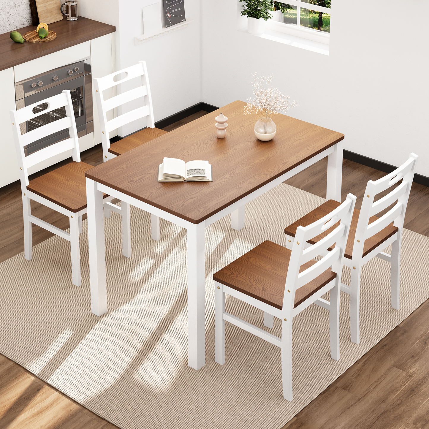 Captiva Designs 5 Pieces Dining Set with Solid Premium Rubberwood Rectangular Table & 4 Comfortable Chairs