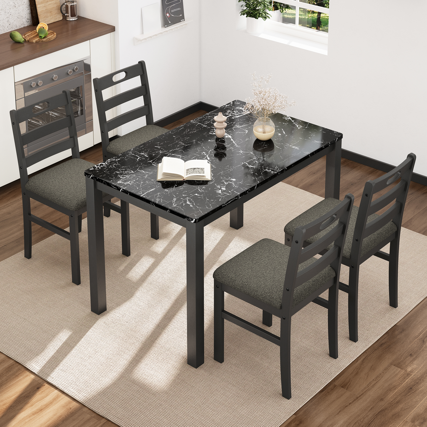 Captiva Designs 5 Pieces Dining Set with Solid Premium Rubberwood Rectangular Table & 4 Comfortable Chairs