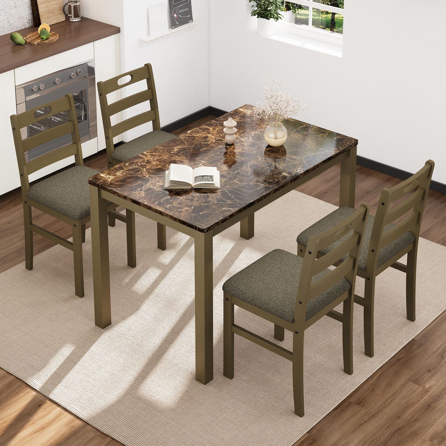 Captiva Designs 5 Pieces Dining Set with Solid Premium Rubberwood Rectangular Table & 4 Comfortable Chairs
