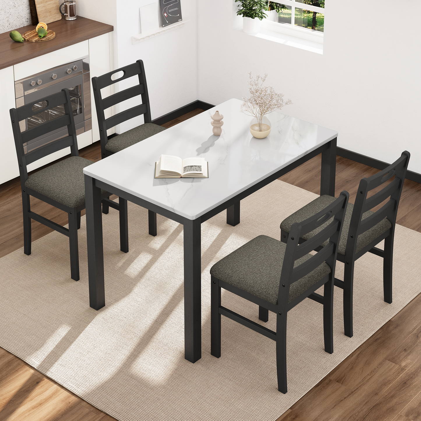 Captiva Designs 5 Pieces Dining Set with Solid Premium Rubberwood Rectangular Table & 4 Comfortable Chairs