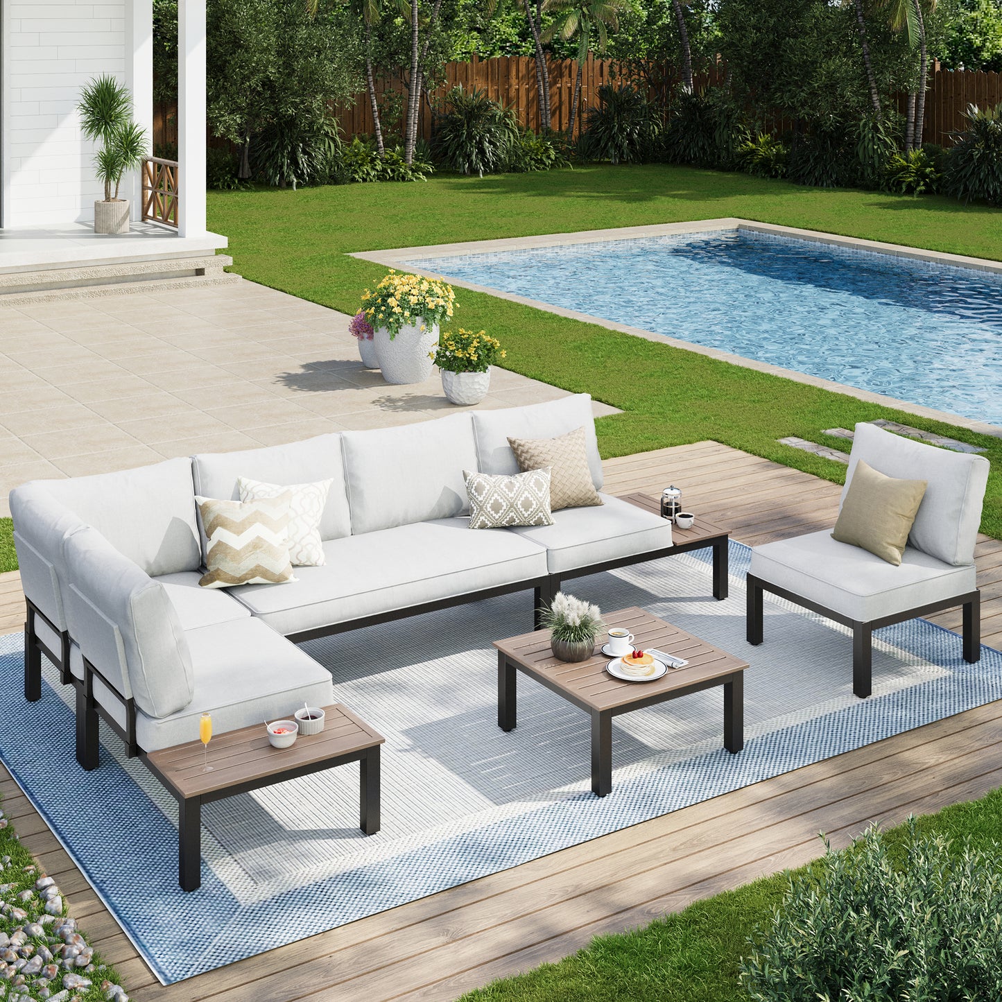 Captiva Designs Outdoor Off-white Conversation Set with Sectional Sofa & Coffee Table & Removable Cushion