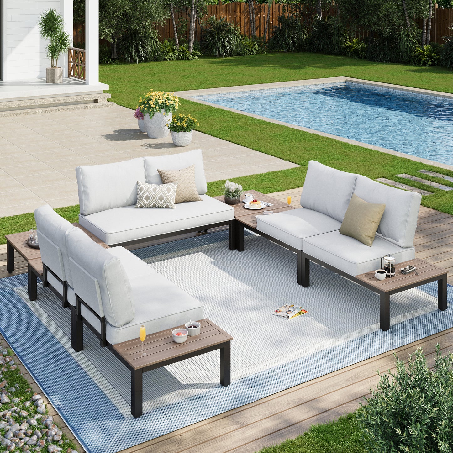 Captiva Designs Outdoor Off-white Conversation Set with Sectional Sofa & Coffee Table & Removable Cushion