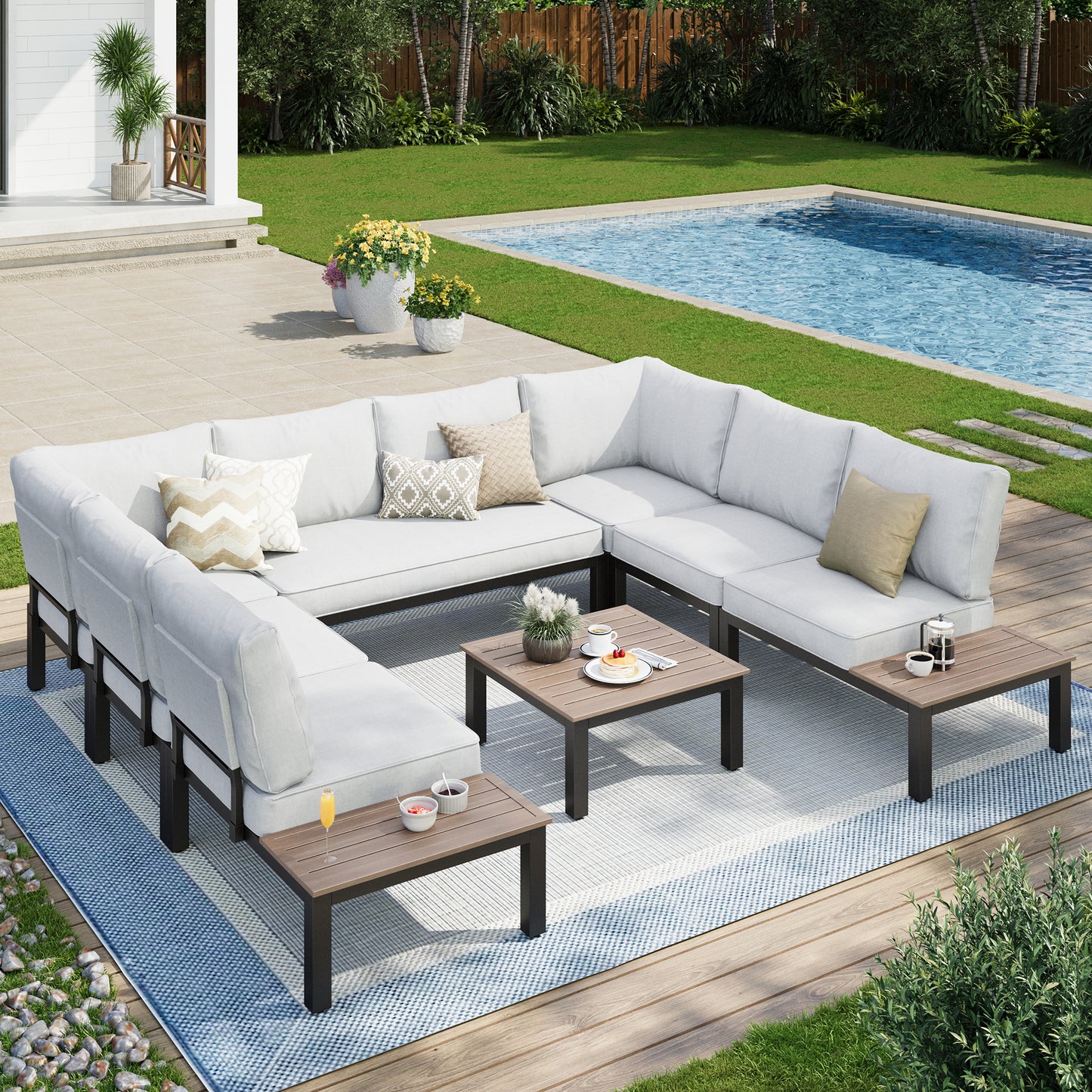 Captiva Designs Outdoor Off-white Conversation Set with Sectional Sofa & Coffee Table & Removable Cushion