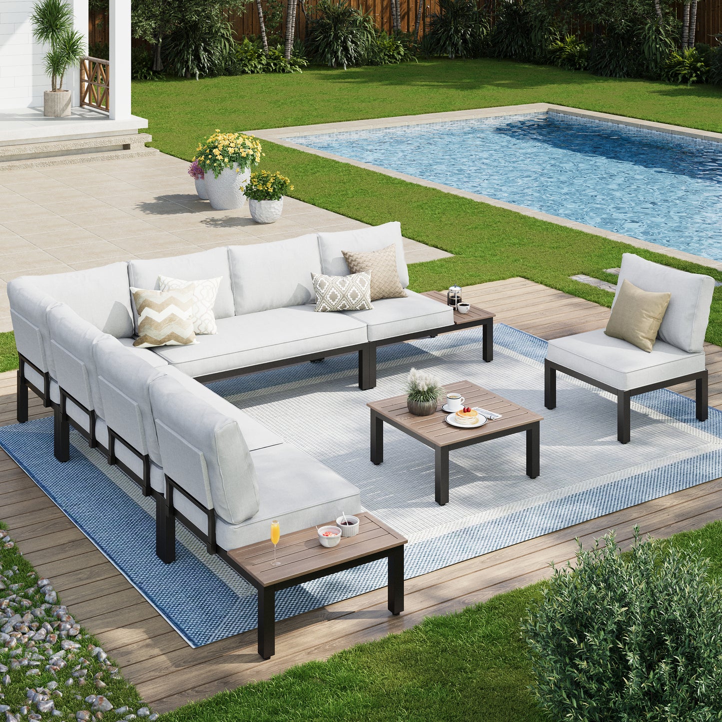 Captiva Designs Outdoor Off-white Conversation Set with Sectional Sofa & Coffee Table & Removable Cushion