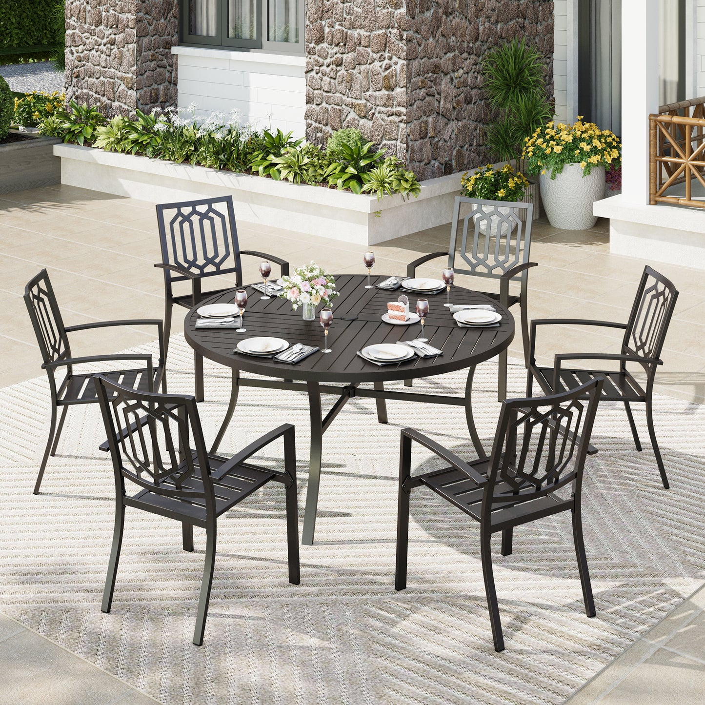 Captiva Designs 7pc Black Round Slatted Steel Table with Umbrella Hole& Metal Armrest Chairs