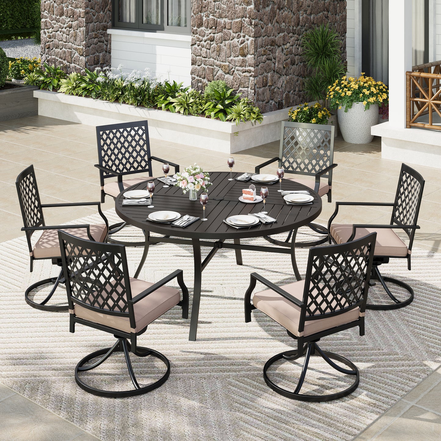 Captiva Designs 7pc Black Round Slatted Steel Table with Umbrella Hole& Metal Armrest Chairs