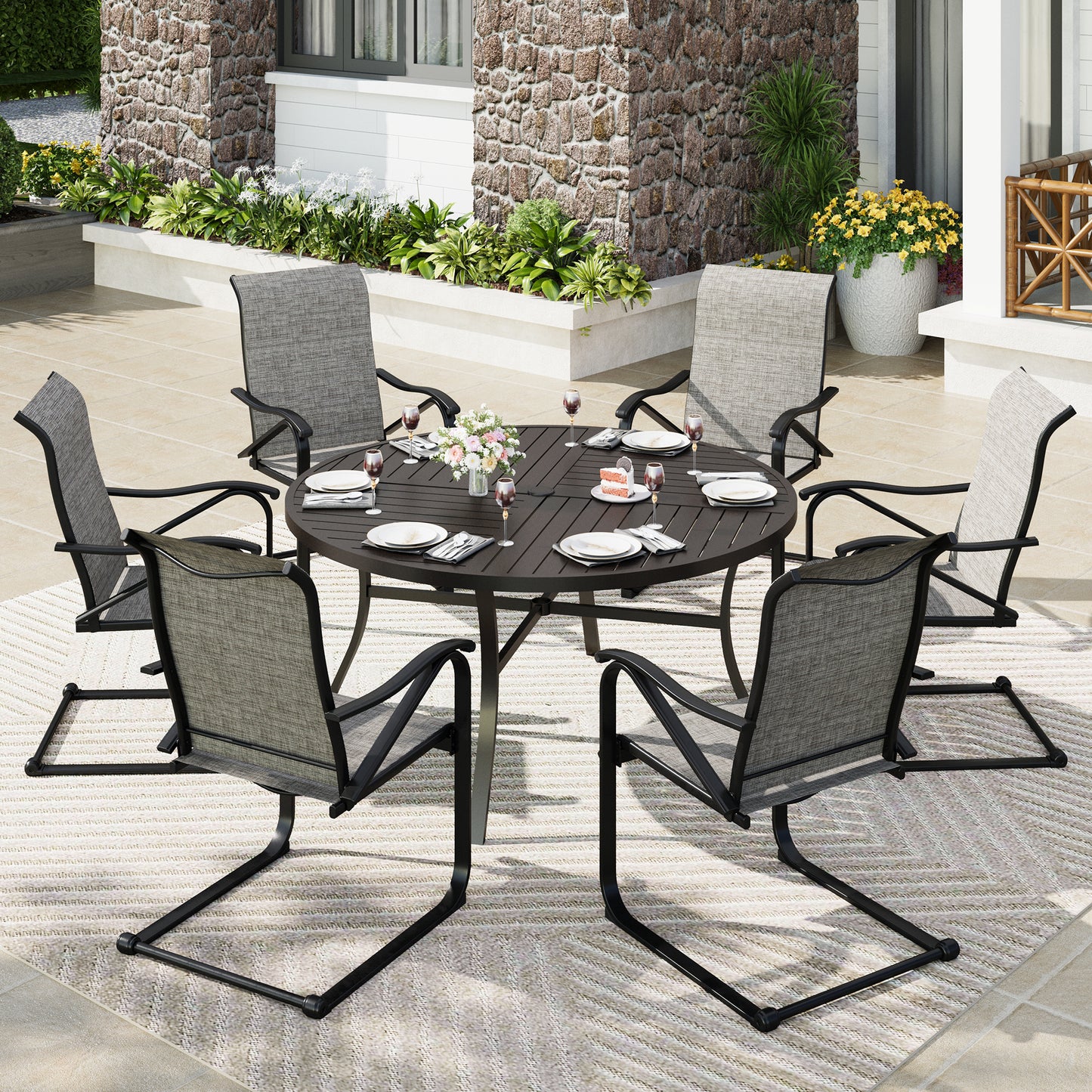 Captiva Designs 7pc Patio Black Slatted Round Steel Table with Umbrella Hole & Grayish Brown Textilene Chairs