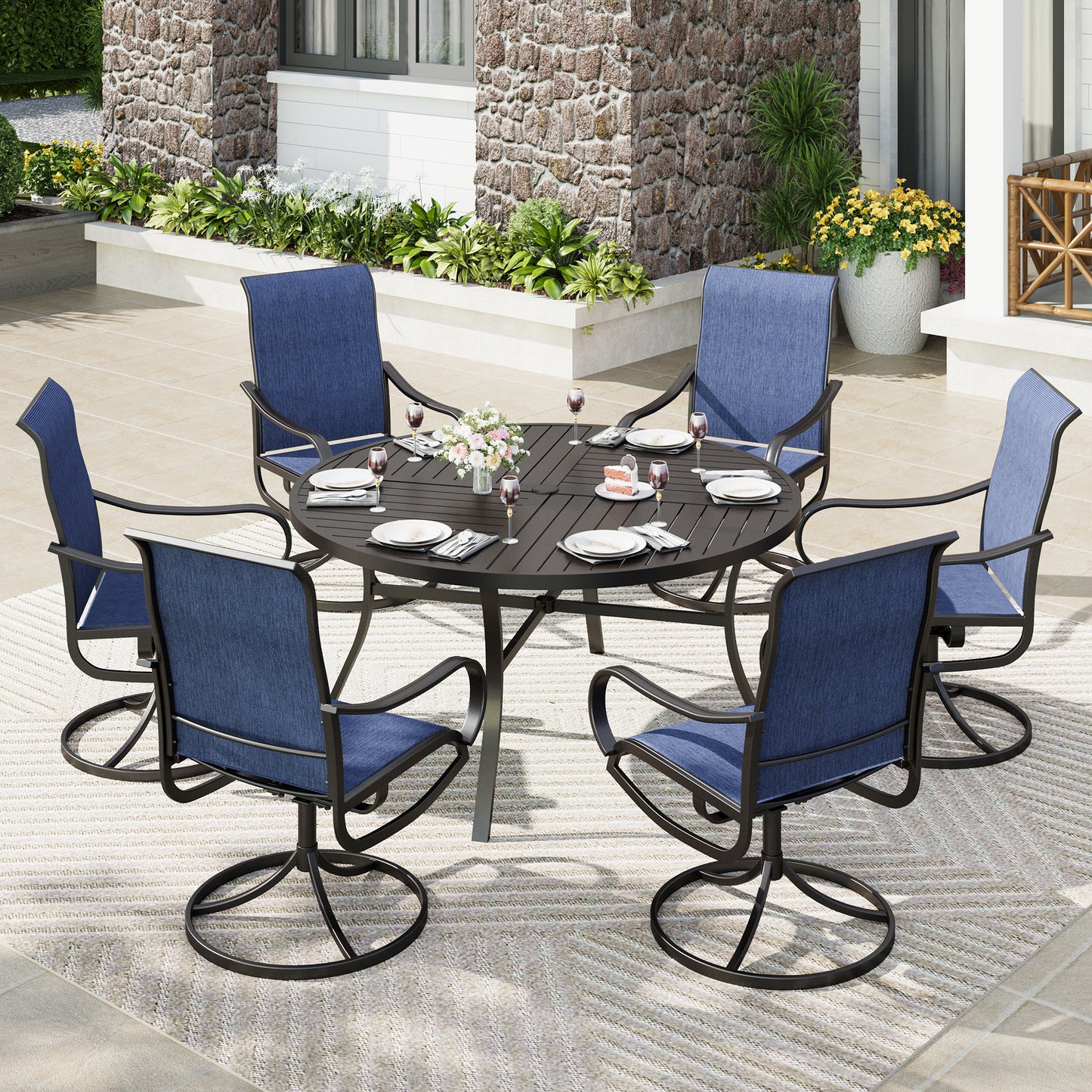 Captiva Designs 7pc Black Round Slatted Steel Table with Umbrella Hole & Textilene Swivel Chairs