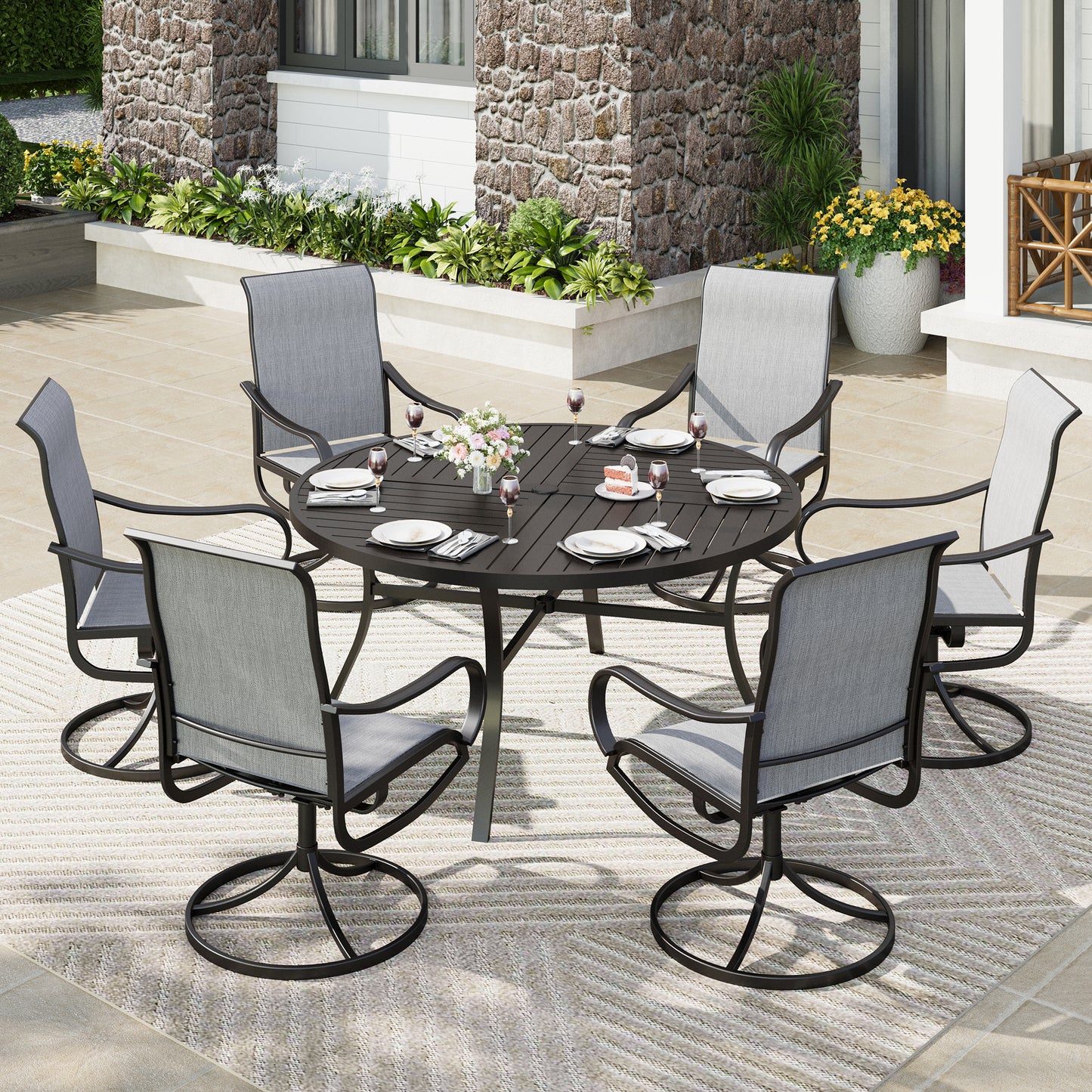Captiva Designs 7pc Black Round Slatted Steel Table with Umbrella Hole & Textilene Swivel Chairs