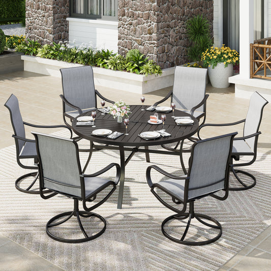 Captiva Designs 7pc Black Round Slatted Steel Table with Umbrella Hole & Textilene Swivel Chairs