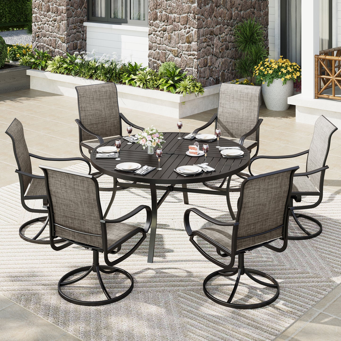 Captiva Designs 7pc Black Round Slatted Steel Table with Umbrella Hole & Textilene Swivel Chairs