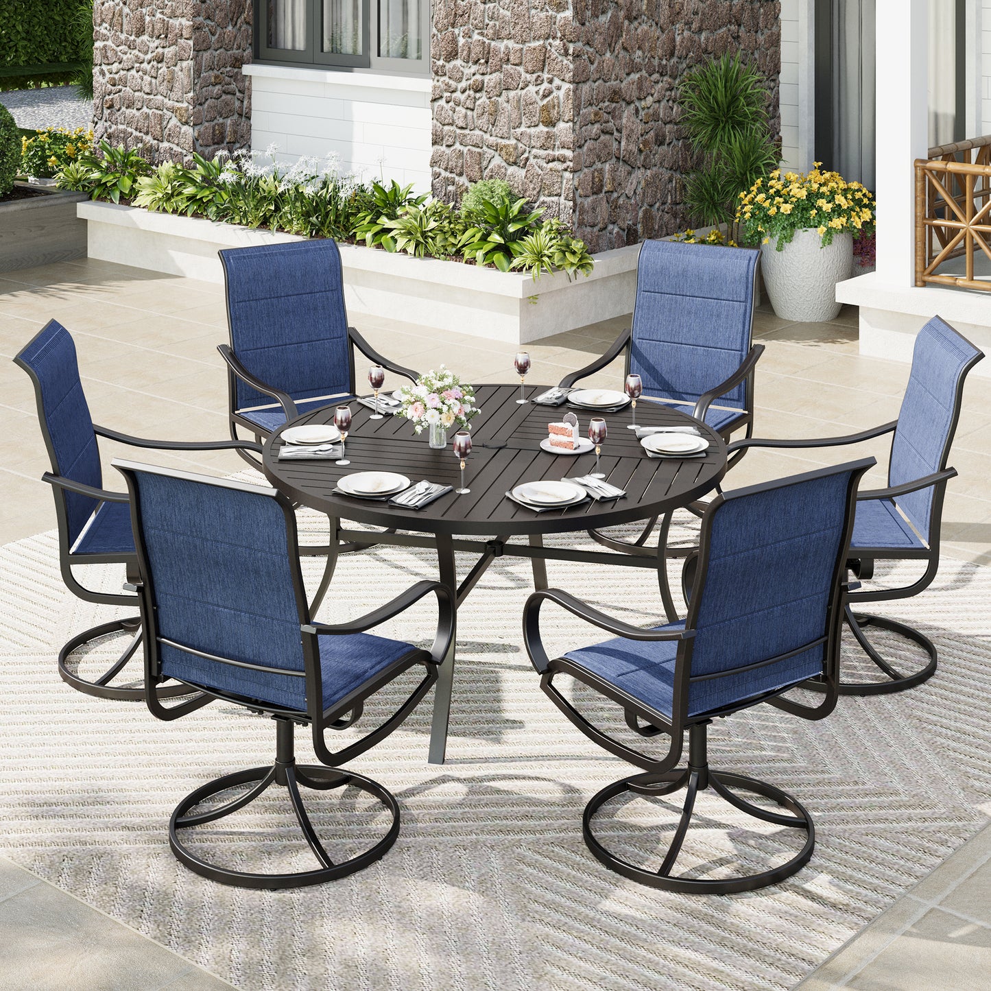 Captiva Designs 7pc Outdoor Black Dining Steel Table & Grayish Brown Padded Textilene Swivel Chairs