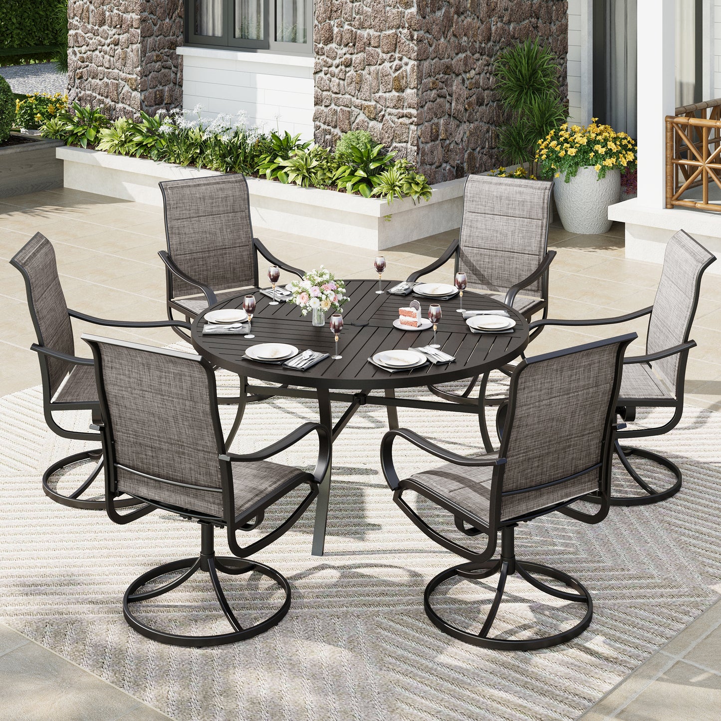 Captiva Designs 7pc Patio Black Slatted Round Steel Table with Umbrella Hole & Grayish Brown Textilene Chairs