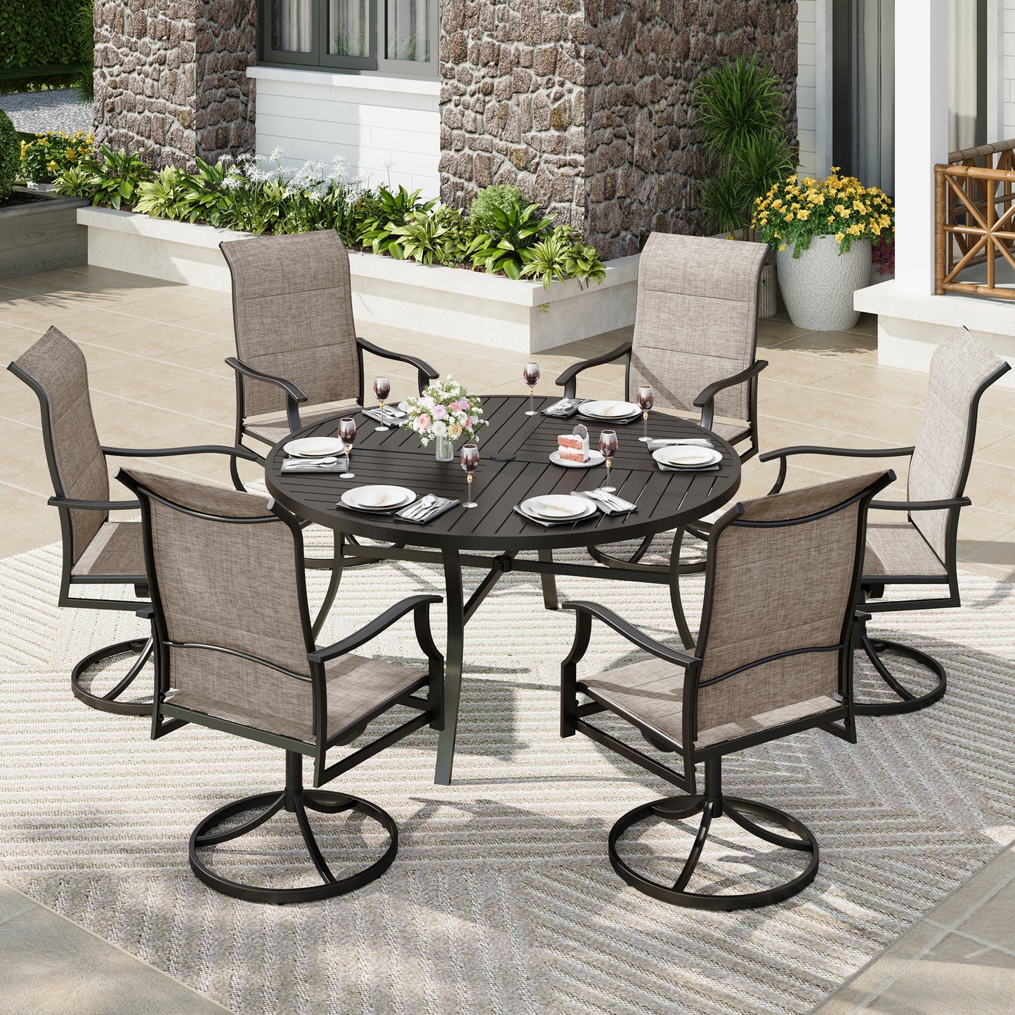 Captiva Designs 7pc Patio Black Slatted Round Steel Table with Umbrella Hole & Grayish Brown Textilene Chairs