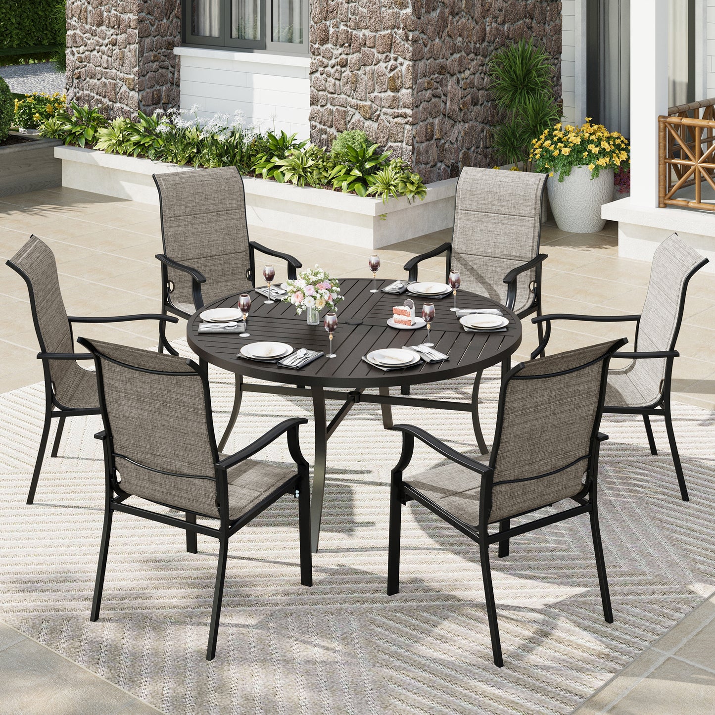 Captiva Designs 7pc Patio Black Slatted Round Steel Table with Umbrella Hole & Grayish Brown Textilene Chairs