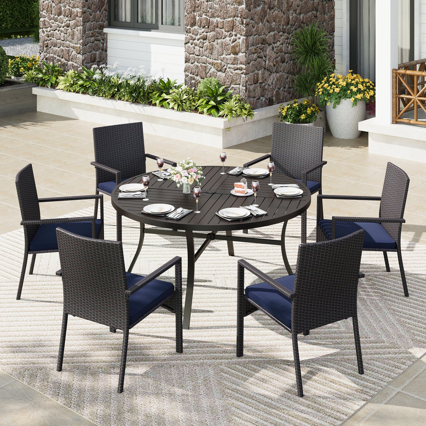 Captiva Designs 7pc Outdoor Patio Black Steel Dining Table with Umbrella Hole & Cushioned Armrest Rattan Chairs