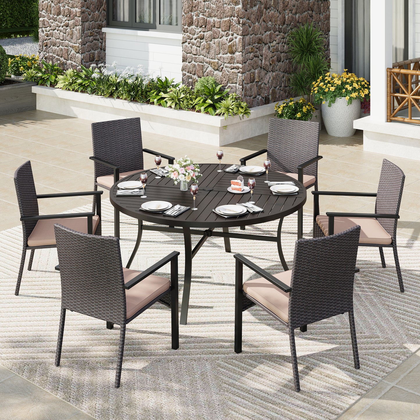 Captiva Designs 7pc Outdoor Patio Black Steel Dining Table with Umbrella Hole & Cushioned Armrest Rattan Chairs